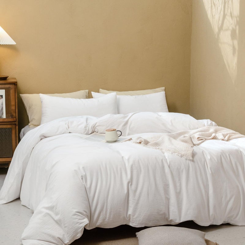 FOSSA White Duvet Cover Set, 100% Washed Cotton Linen Feel Super Soft Breathable Cozy 3 Pieces Bedding Sets Solid Off White King - Image 5